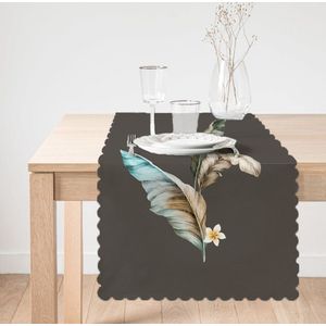 Bedrukt Velvet textiel Tafelloper 45x135 -Blauw&Bruin veren - Runner -De Groen Home