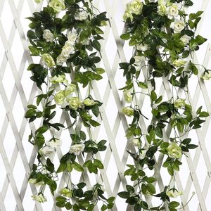 2 stuks 240 cm lange tweekleurige kunstrozenslinger wijn hangen zijde bloem kunstmatige bloem decoratie voor buiten- en binnen, bruiloft, muur (wit)