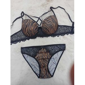 Lingerie- 2-delig set - Voorgevormde beugel-bh set - Push-up beha set - Uitdagende ondergoed set - Zebraprint bruin- Maat 75B