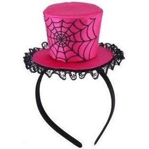 Halloween - Roze verkleed mini hoed op diadeem met spinnenweb voor dames - Halloween/carnaval verkleedaccessoires hoeden - Mini hoge hoedjes