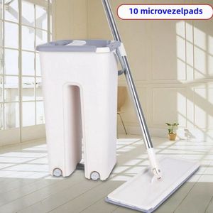 vloer dweil - Mopset met - emmer vloerwisserset 360 mop + 10 microvezelpads reinigingsdoek - Handsfree vlakke mop - twee-in-één vloermop en mop emmerset