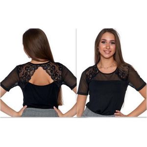 Mooie blouse met uitsnijding op de rug - viscose met kant en tule - zwart- KORTING- SALE S