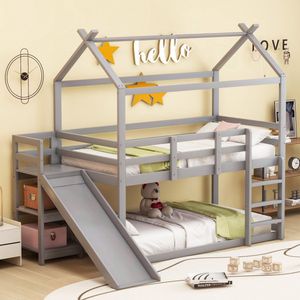 Sweiko Kinderbed 90x200 cm, Verhoogd bed, Tweepersoonsbed met Schuif- en Opbergvlakken, Massief houten tweepersoonsbed met plat noedelrek, Grijs