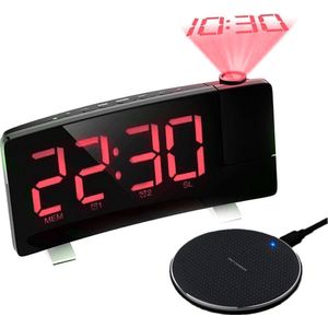 Slinks Wekkerradio met projectie - draadloze oplader – Projectiewekker - USB - Rood - wireless charger