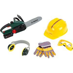 Klein Toys Bosch II set met kettingzaag - werkhandschoenen, werkbril, oorbeschermers, helm - incl. licht- en geluidseffecten - groen geel
