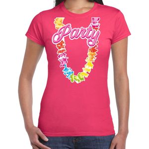 Toppers - Bellatio Decorations Tropical party shirt dames - bloemenkrans - fuchsia roze - carnaval/themafeest XL