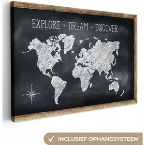 Canvas Wereldkaart - 90x60 - Wanddecoratie Wereldkaart - Krijtbord - Quote