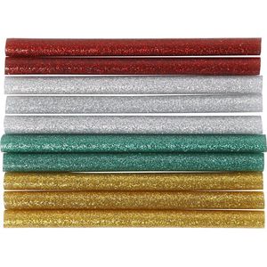 Lijmstiften Mini, L: 10 cm, d 7 mm, glitter, goud, groen, rood, zilver, 10 stuk/ 1 doos