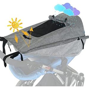 Zonnezeil voor kinderwagen met UV-bescherming 50+ en waterdicht, dubbellaagse stof met kijkvenster en extra brede schaduwvleugels, grijs