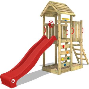 WICKEY speeltoestel klimtoestel JoyFlyer met houten dak & rode glijbaan, outdoor kinderspeeltoestel met zandbak, ladder & speelaccessoires voor de tuin