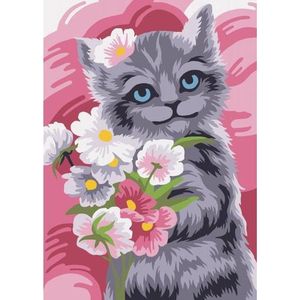 Wizardi Schilderen op Nummer Bloemen Kitten 16,5x13 cm