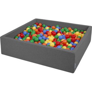 KiddyMoon Ballenbad voor kinderen Vierkant met 300 ballen ∅7cm 120x30cm - Ballenbak voor Baby's - Ballenbak ballen kleurrijke - Met schuimvulling - Ballenbad foam - Voor sensorische - Dunkelgrau: Geel Groen Blauw Rood Oranje