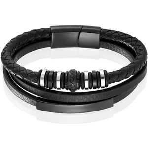 Mendes Jewelry Heren Armband - Zwart Leder met Zilveren Bedels en Zwarte Sluiting-23cm