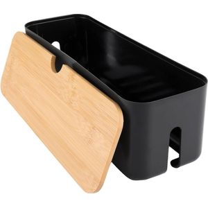 Kabelmanagementbox met bamboedeksel - zwarte kabelverzamelaar voor kabels en draden