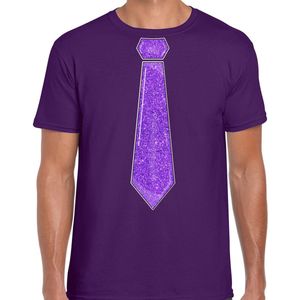 Bellatio Decorations Verkleed shirt heren - stropdas glitter paars - paars - carnaval - foute party XXL