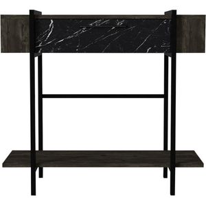 Vente-unique Sidetable met 1 deurtje en 1 legplank - Donkere houtlook en zwarte marmerlook - CHENOA