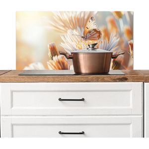 Spatscherm keuken 90x45 cm - Kookplaat achterwand Vlinder - Bloem - Oranje - Muurbeschermer - Spatwand fornuis - Hoogwaardig aluminium