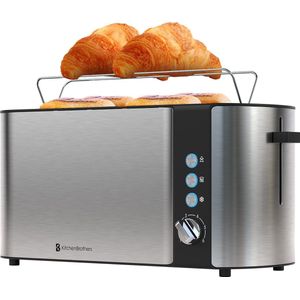 KitchenBrothers Broodrooster - Toaster - 6 Warmteniveaus - 2 Extra Lange Sleuven - 1520W - RVS/Zwart