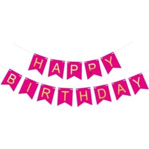 Happy Birthday Slinger Verjaardag Versiering Feest Versiering Verjaardag Slinger Fuchsia & Goud Decoratie – 1 Stuk