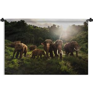 Wandkleed Bosleven - Olifanten in jungle Wandkleed katoen 90x60 cm - Wandtapijt met foto