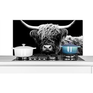 Spatscherm keuken - Muurbeschermer - Zwart - Wit - Schotse hooglander - Hoorn - Dieren - Koe - Achterwand keuken - Spatwand - 100x50 cm