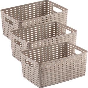 Plasticforte Opbergmand - 3x - Kastmand - rotan kunststof - taupe - 6 Liter - 19 x 29 x 13 cm