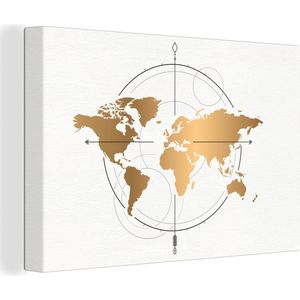 Canvas schilderij - Wereldkaart goud 180x120 - Kamer decoratie accessoires - Schilderijen wereld kaart woonkamer - World map wanddecoratie slaapkamer - Muurdecoratie keuken - Wanddoek interieur binnen - Woondecoratie huis - Woonaccessoires