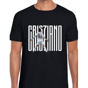 Ronaldo Uniseks T-Shirt - Zwart text wit- Maat S - Korte mouwen - Ronde hals - Normale pasvorm - Cristiano ronaldo - Voetbal - Voor mannen & vrouwen - Kado - Veldman prints & packaging