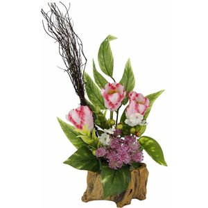 Arrangement van tulpen en accessoires in een pot in houtlook, kunsttulp kreupelhoutdecoratie, kunstbloemen, decoratie, lentedecoratie, tafeldecoratie, lentebloemisterij,