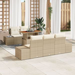 vidaXL - 6-delige - Tuin - Eettafelset - met - Kussens - Beige - Poly - Rattan - Acacia