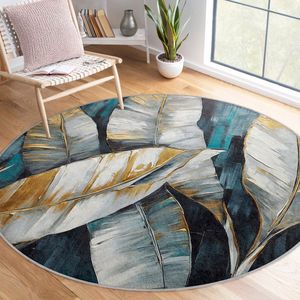 Abstract Gebied Rond Tapijt|Groen Marineblauw Bladeren Vreemde Vormen Marineblauw Groen Tapijt|Antislip Tapijt|Groen Tapijt Decor|Woonkamer Tapijt Modern Tapijt|Luxe Tapijt