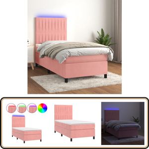 vidaXL Boxspring met LED - Fluweel - Roze - 90x200 cm Boxspring - Fluweel Bed - Rozerood Bed - Led Bed - Pocketed Spring Mattress
