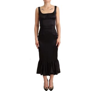 Zwarte zijden stretch schede zeemeermin midi-jurk