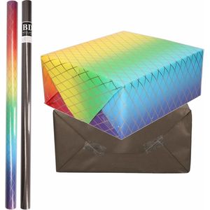 4x Rollen kraft inpakpapier regenboog pakket - zwart 200 x 70 cm - cadeau/verzendpapier