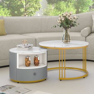 Sweiko 2-delige salontafel set, ronde tafel, woonkamer ronde metalen frame rand tafel, woonkamer witte moderne geneste tafel, wit en goud, imitatie marmer tafelblad