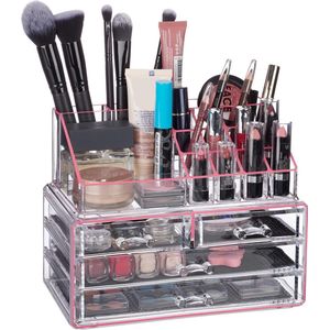 Relaxdays make-up organizer - tweedelig - cosmetica opbergdoos - lippenstift houder - Roze-strepen