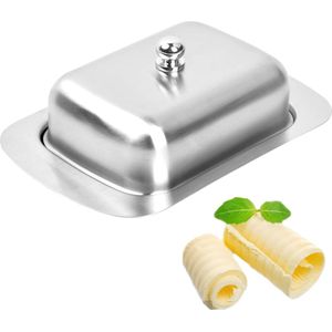Roestvrijstalen botervloot met deksel, boterhouder, boterschaal, boterbox, boterschaal, boterschaal voor koelkastdeur, huishouden, keuken, vaatwasmachinebestendig, zilver, 19 x 12,5 x 6,7 cm