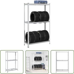The Living Store Bandenrek 2-laags 110x40x180 cm staal&bewerkt hout zilverkleur - Bandenrek - Bandenopslag - Garage Organisatie - Industriele Opslag - Metalen Rek