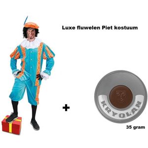 Luxe Piet pak turquoise/oranje fluweel maat XXL + GRATIS PROFESSIONELE SCHMINK - Sinterklaas thema feest kostuum Sint fluwelen pietenpak goud zwart  festival