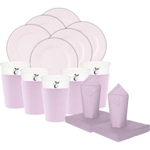 Givi Italia Feest/verjaardag gebaksbordjes/bekertjes/servetten set - 16 personen - lavendel paars - papier/karton