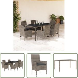 The Living Store 7-delige Tuinset met kussens poly rattan en glas grijs - Tuin Set - Tuinset - Eetkamerset - Buis Meubel - Patio Set