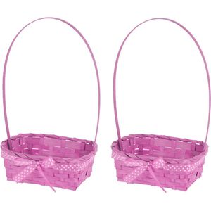 2x stuks rieten mandjes roze vierkant met hengsel 39 cm - Opbergen -  Decoratie manden gevlochten riet