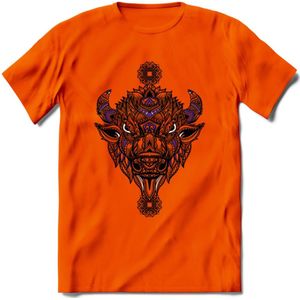 Bizon - Dieren Mandala T-Shirt | Paars | Grappig Verjaardag Zentangle Dierenkop Cadeau Shirt | Dames - Heren - Unisex | Wildlife Tshirt Kleding Kado | - Oranje - 3XL