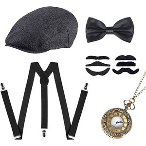 1920 accessoires voor heren, jaren 20 Gatsby kostuumaccessoires voor heren, Gatsby-kostuumset, Panamahoed, vlinderdas, bretels, snorren set en zakhorloge, zwart, één maat