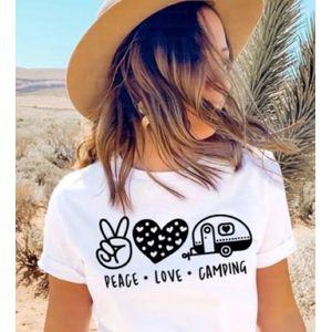 Tshirt - Peace Love Camping - Maat XS - Wit - Camping - Unisex