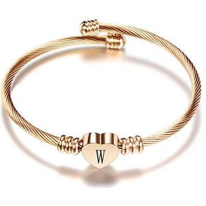 24/7 Jewelry Collection Hart Armband met Letter - Bangle - Initiaal - Rosé Goudkleurig - Letter W