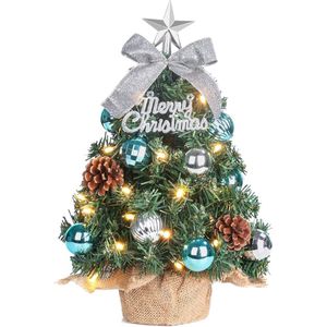Mini-kerstboom Kleine kerstboom met verlichting, led, tafelkerstboom, klein, kunstmatig versierd, voor kerstdecoratie, 40 cm (blauw met zilver)