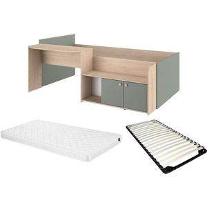 Vente-unique Gecombineerd bed 90 x 190/200 cm - Kleur: naturel en groen + bedbodem + matras - MIVONA L 136 cm x H 75.2 cm x D 203 cm