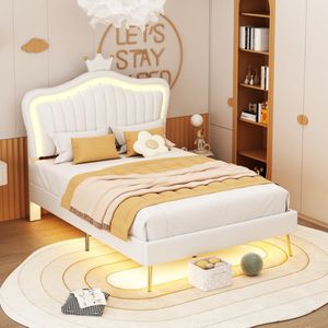 Sweiko Meisjesbed, Gestoffeerd bed 90 x 200 cm, Wit kroon dubbellaags bed, gemaakt van PU leer, met LED verlichting, Platte noedelsframe en rugleuning (excl. matras)