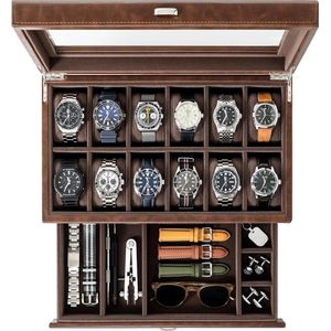 Bayswater Heren Horlogebox - 12-Vaks Horlogedoos voor Mannen – 12 vakjes - Horlogebox voor Mannen - Sieradendoos Mannen - Horlogebox Heren - Leren Box - Bruin
